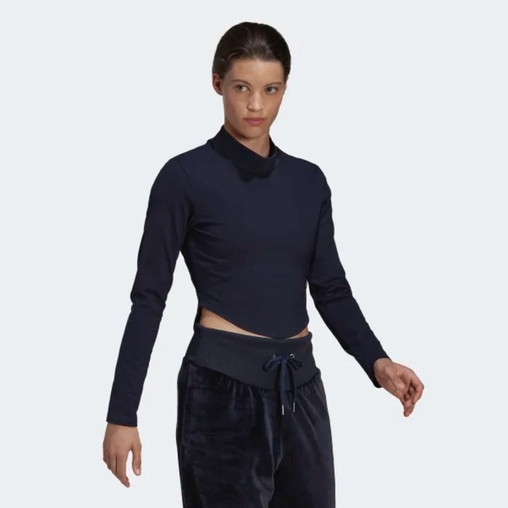 Adidas curved waist mock neck top in Legend Ink XS